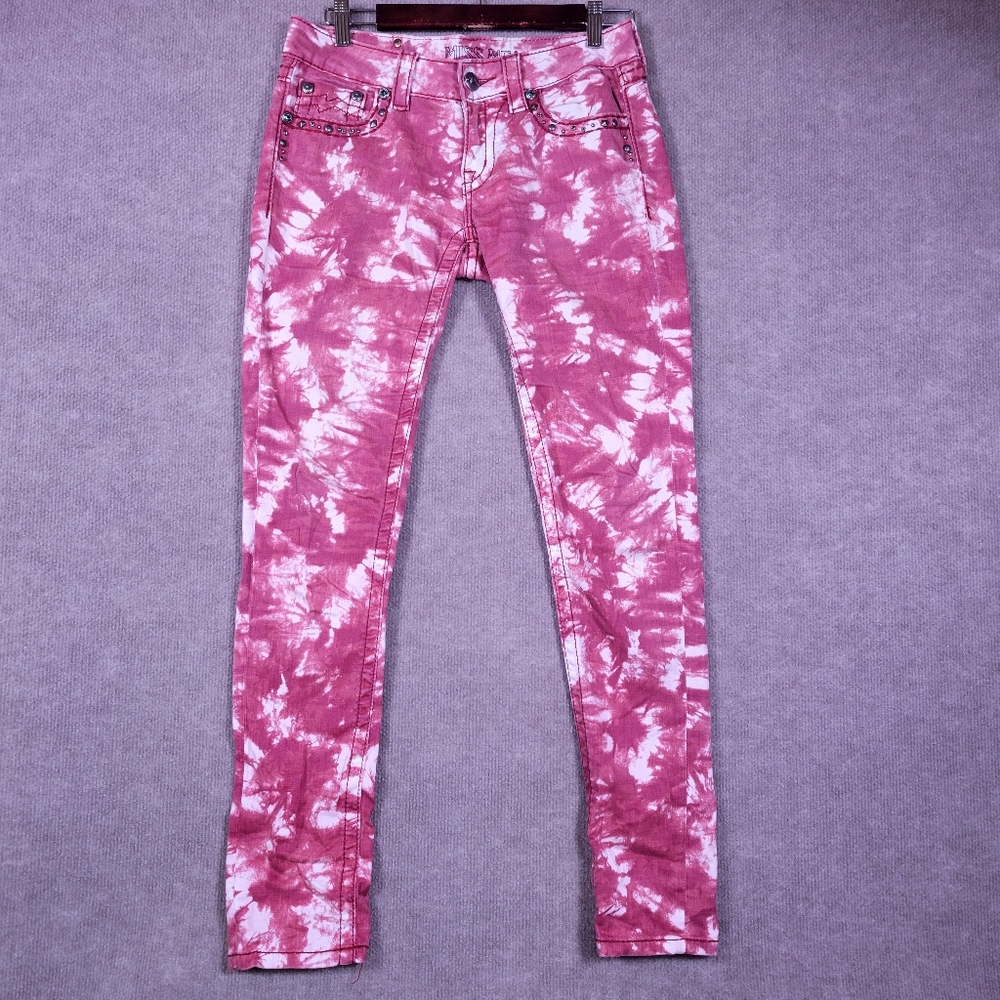 MISS ME Jeans Womens 27 Red Tye Dye Skinny Denim Embroidered Rhinestones